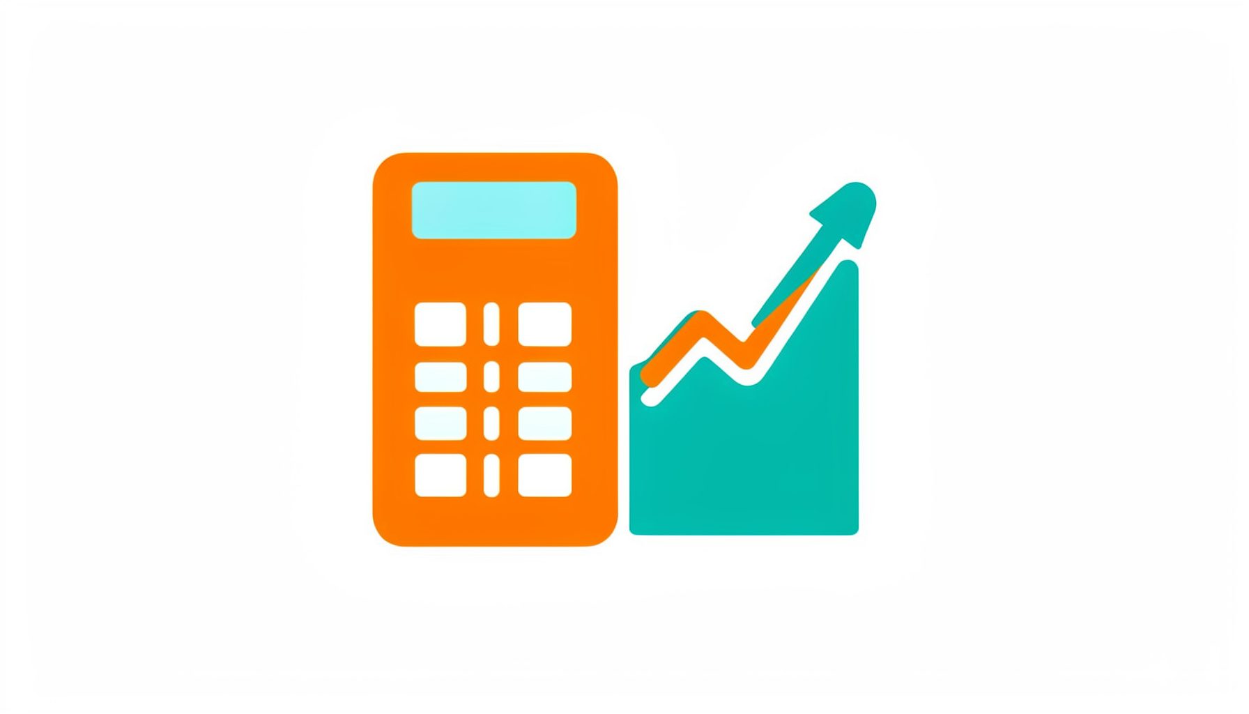 Flat vector icon of a calculator and graph in orange and teal on a white background.