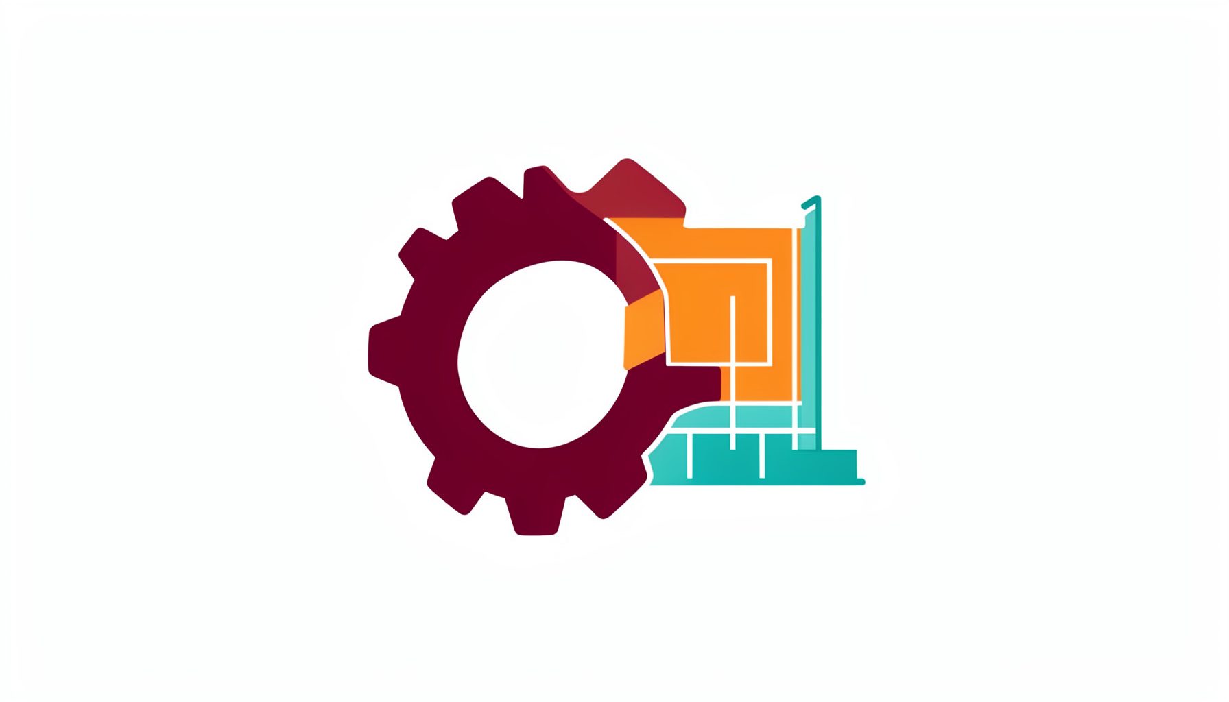 Flat vector icon of a gear and blueprint in maroon and teal on a white background.