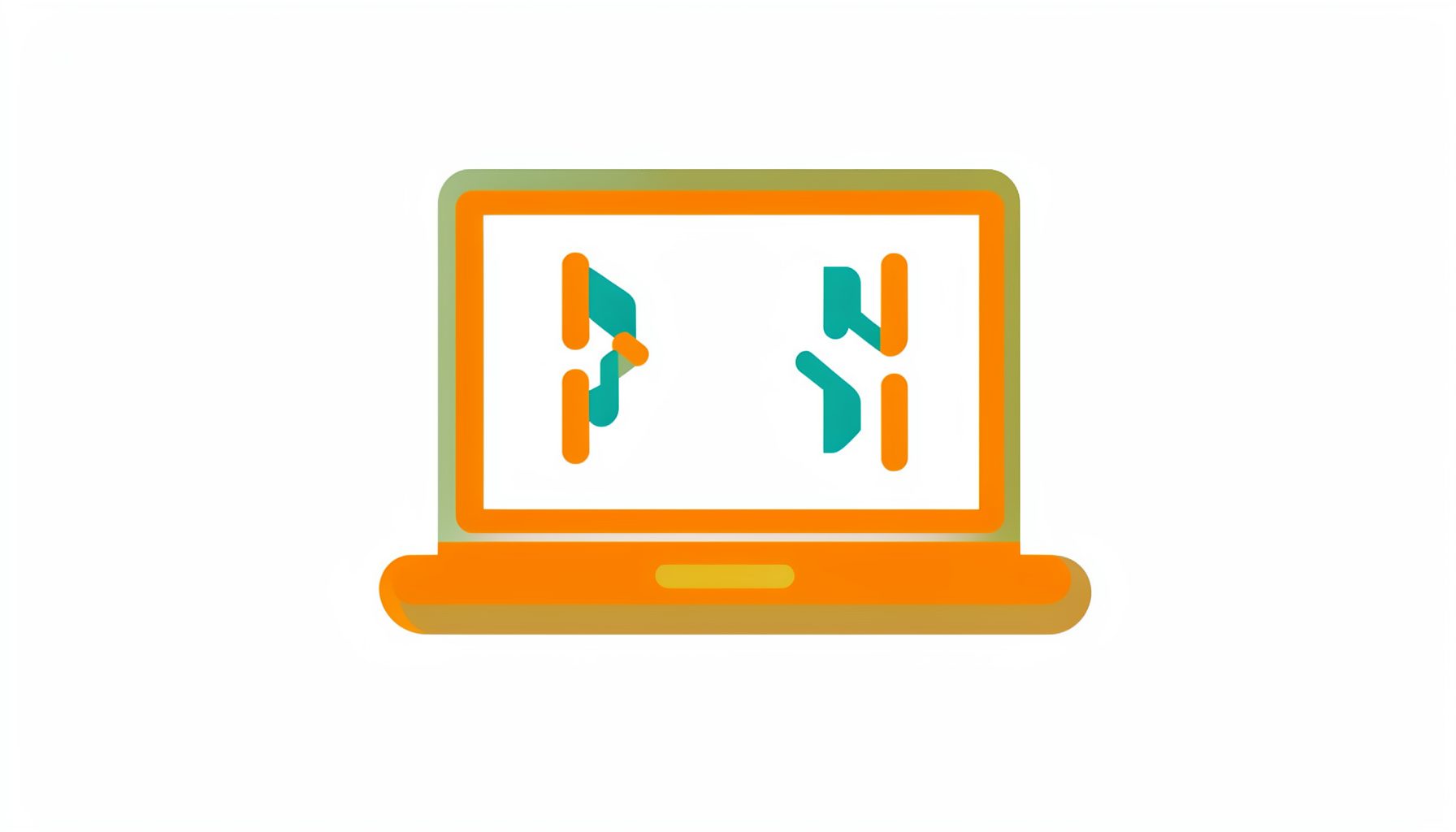 Flat vector icon of a laptop with code brackets in orange and teal on a white background.