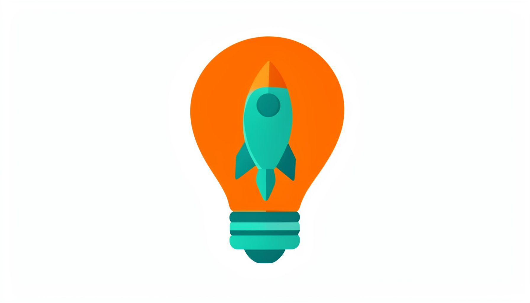 Flat vector icon of a lightbulb with a rocket inside in orange and teal on a white background.