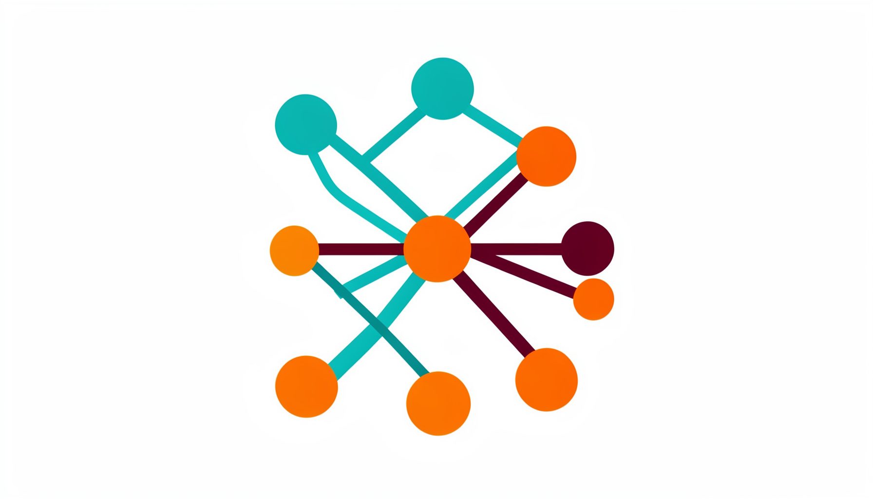 Flat vector icon of interconnected nodes and network lines in teal and maroon on a white background.