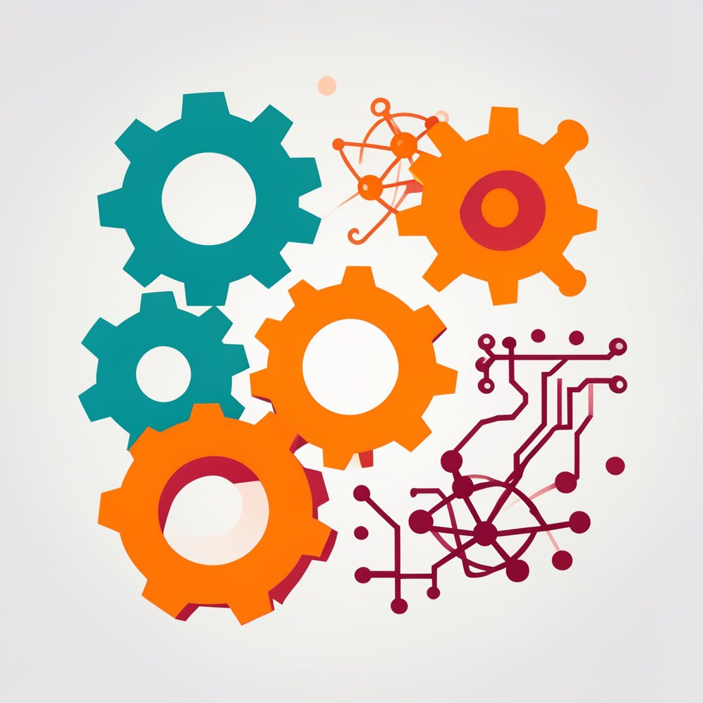 Flat vector illustration of colorful geometric shapes and abstract STEM symbols — gears, atoms, and circuit patterns — in teal, orange, and maroon against a light gradient background, conveying innovation and learning.