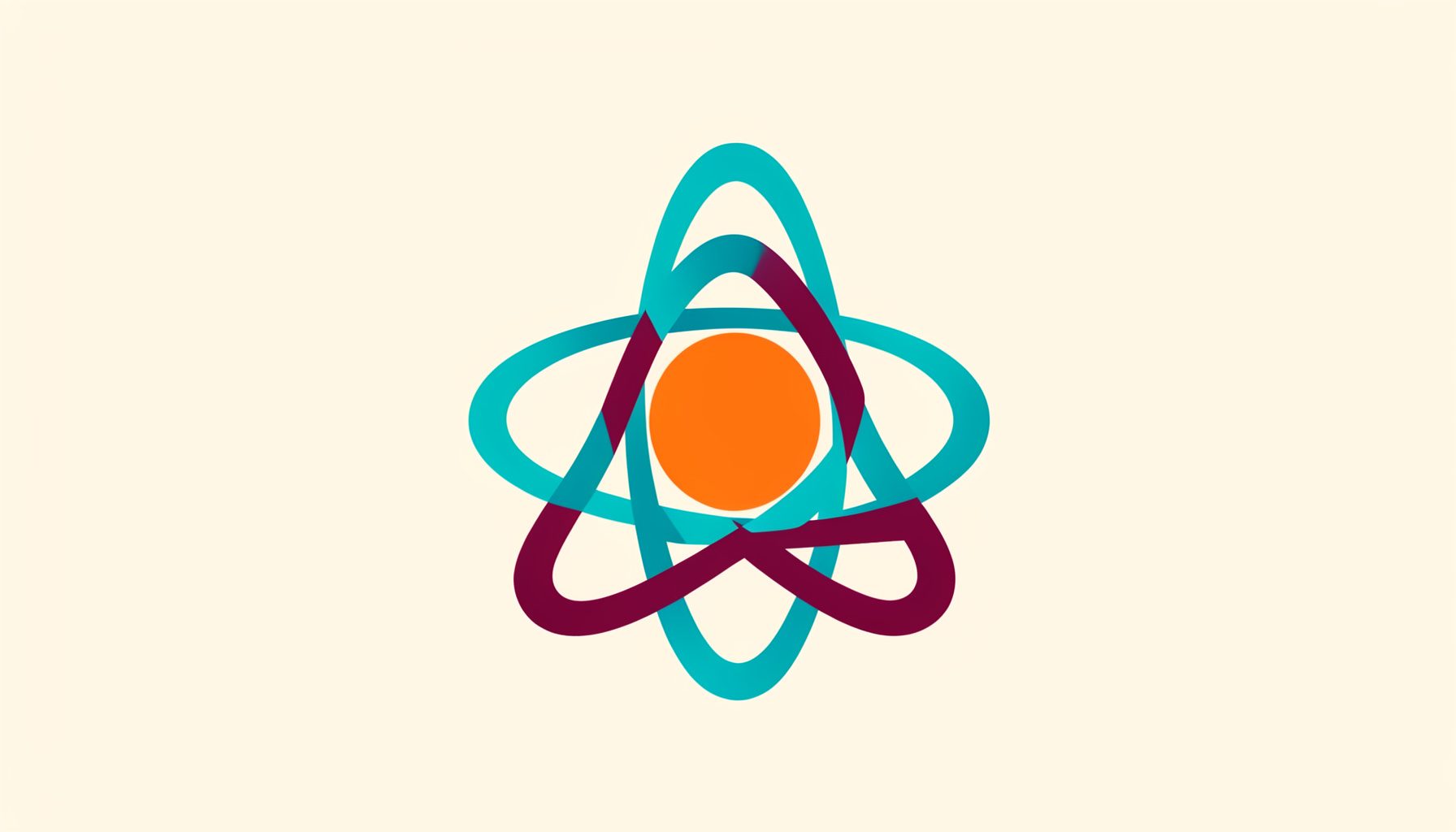 Flat vector logo mark: a stylized atom symbol in teal and maroon, clean and minimal.